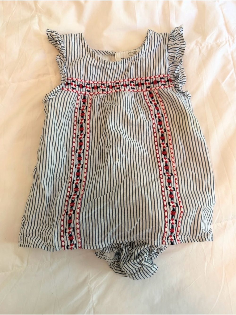 Vineyard Vines Striped Navy & White Embroidered Baby Dress with Red Accent